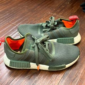 Adidas NMD- mens size 8 1/2, forest green with orange accents.